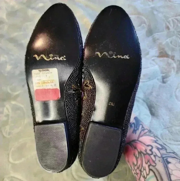 Vintage Talbots Fully Beaded Black Gold Bow Accent Ballet Flats Size 8M - Picture 5 of 9